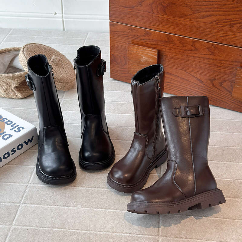 INS Children's Long 2025 Winter New Korean Style Girls' Thick-Soled Fleece-Lined High Side Zipper Riding Boots