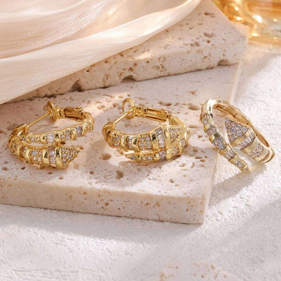 ZAKOL Trendy Snake Bone Shape Open Rings For Women Gold Silver Color Crystal Copper Ring Earrings Women's Daily Wear Jewelry Set