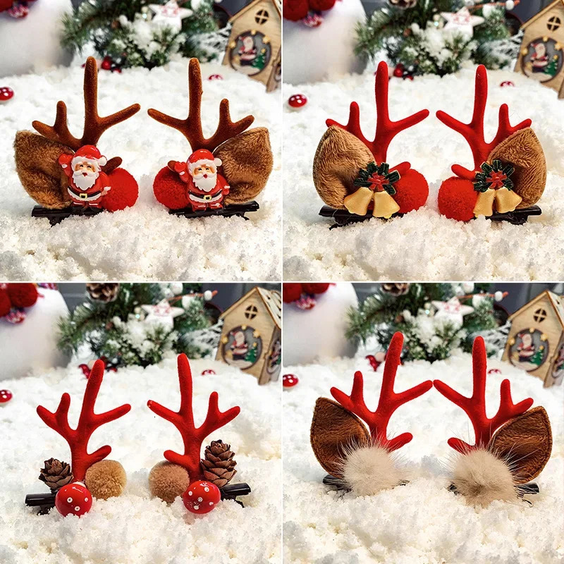 2pcsSet Kawaii Christmas Elk Ear Hair Clip Women Girl Santa Snowman Hairpin Xmas Party Barrettes For Kids Cosplay Headwear 251219