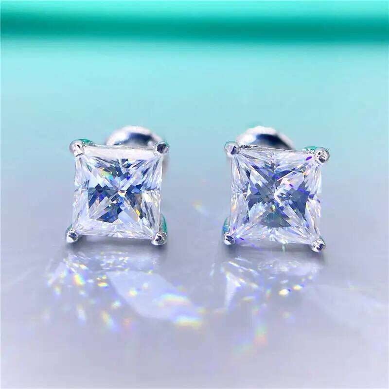 1 pairs Princess Cut Moissanite Stud Earrings For Women Men's Ear Studs Unisex D color VVS 1CT 2CT S925 Sterling Silver Jewelry a10