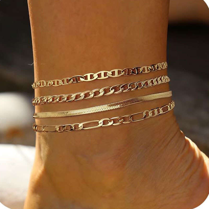 New Beach Foot Jewelry 4-Piece Set for Women Vintage Multi-Layer Stacked Anklet Fashion Simple Ins Style Accessories