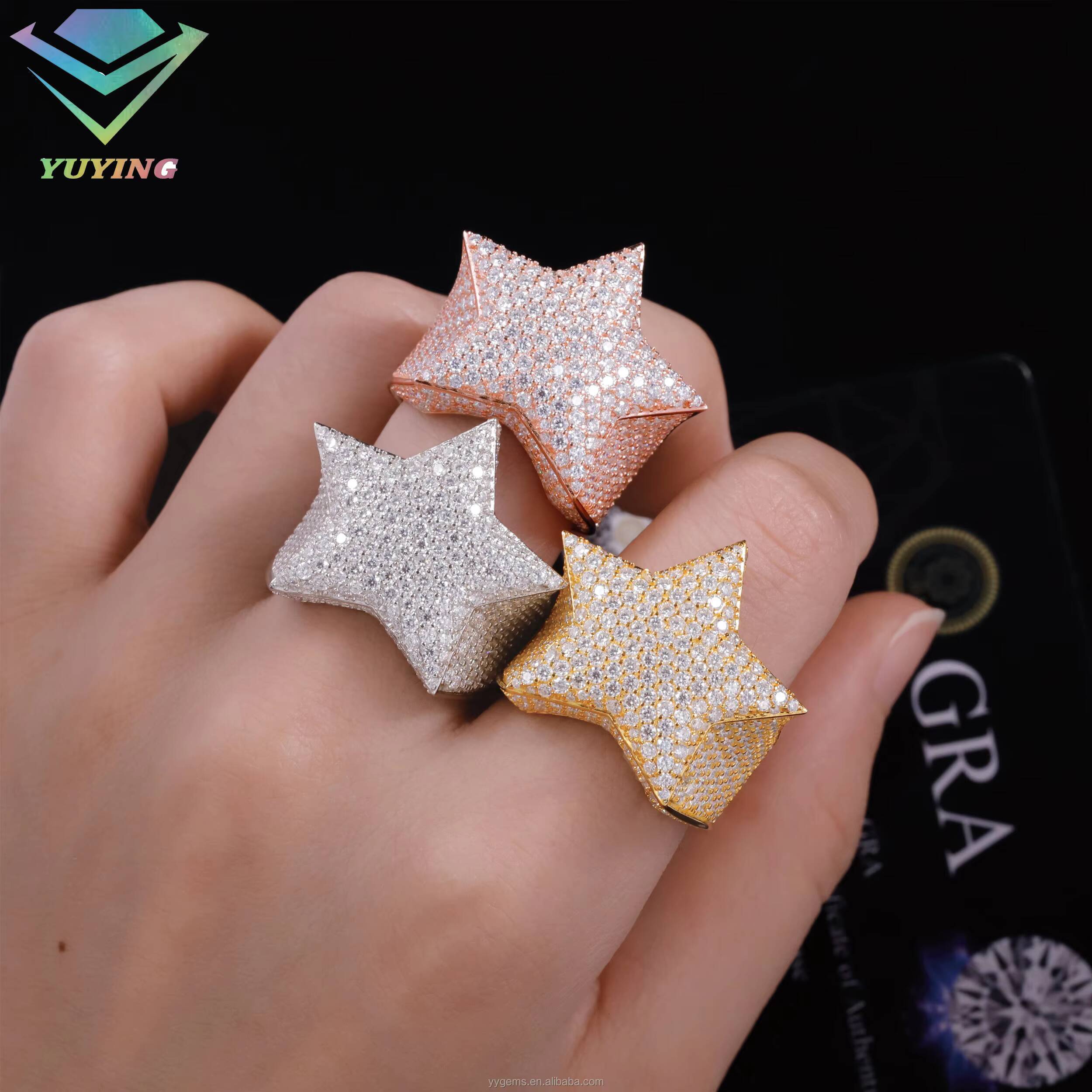 Fashion Hip Hop Lucky Star Fine Jewelry Full Iced Out Gold Plated 925 Sterling Silver VVS Moissanite Diamond Star Ring Men Women