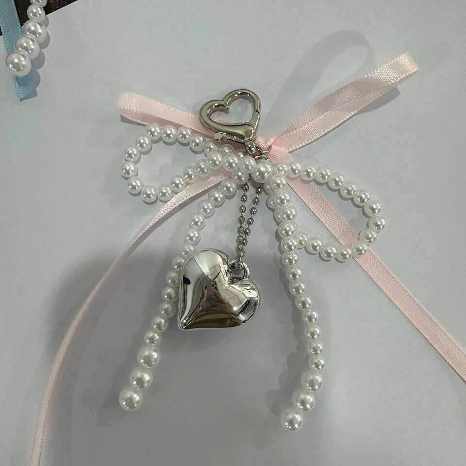 ZAKOL Y2K Delicate Beaded Pearl Chain With Heart Pendant Pink Blue Bow Tie Key Ring Ornament Decoration For Bags And Phones