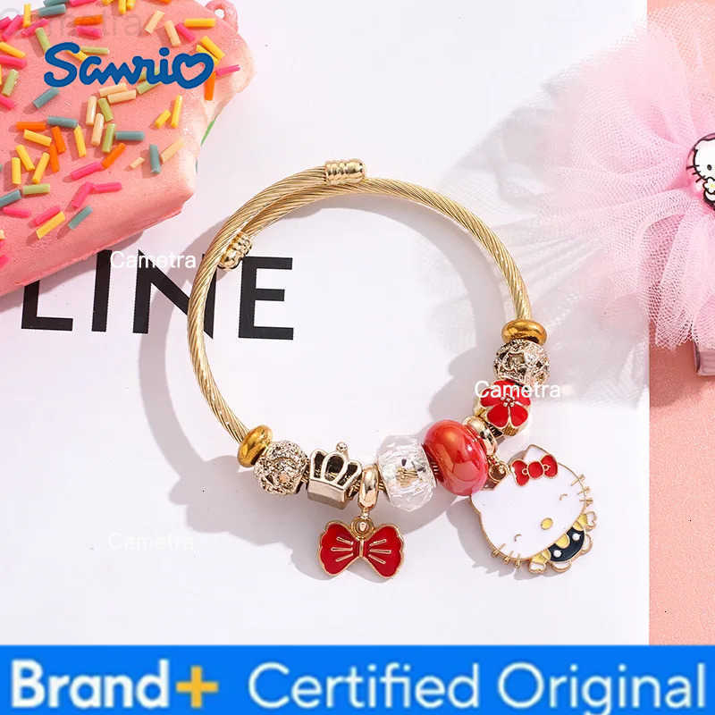 Sanrio Sweet Cartoon Cute Hello Kitty Flower Bowknot Charms Bracelets for Women Girls Saniro Gold Color Stainless Steel Bangle Jewelry H251229