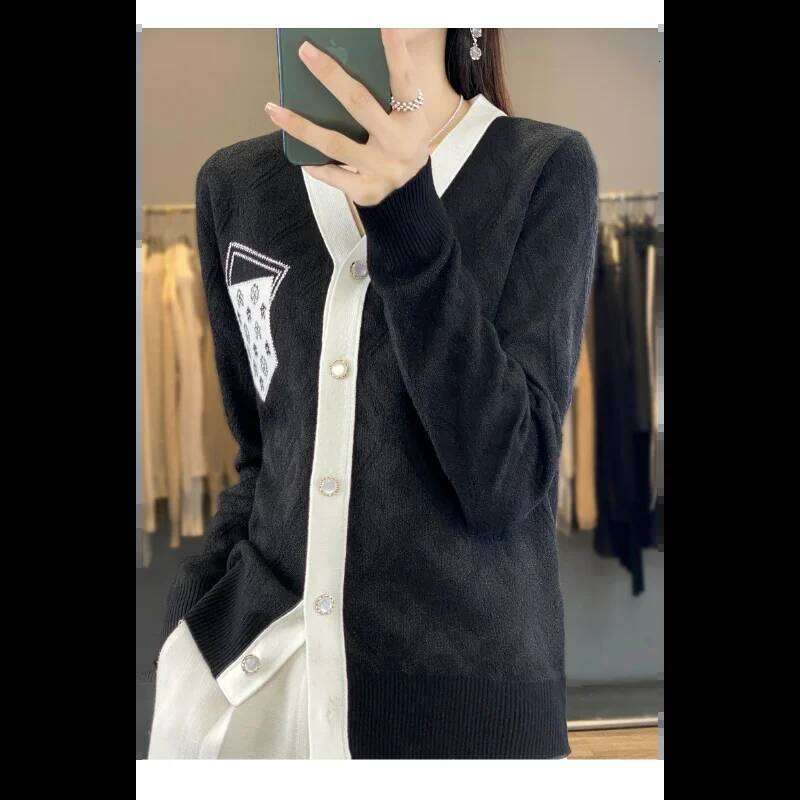 Small Scent Style V neck Contrast Mardi Hefxessdr Knitted Cardigan for Women in Autumn and Winter Sweater Jacket Temperament Top