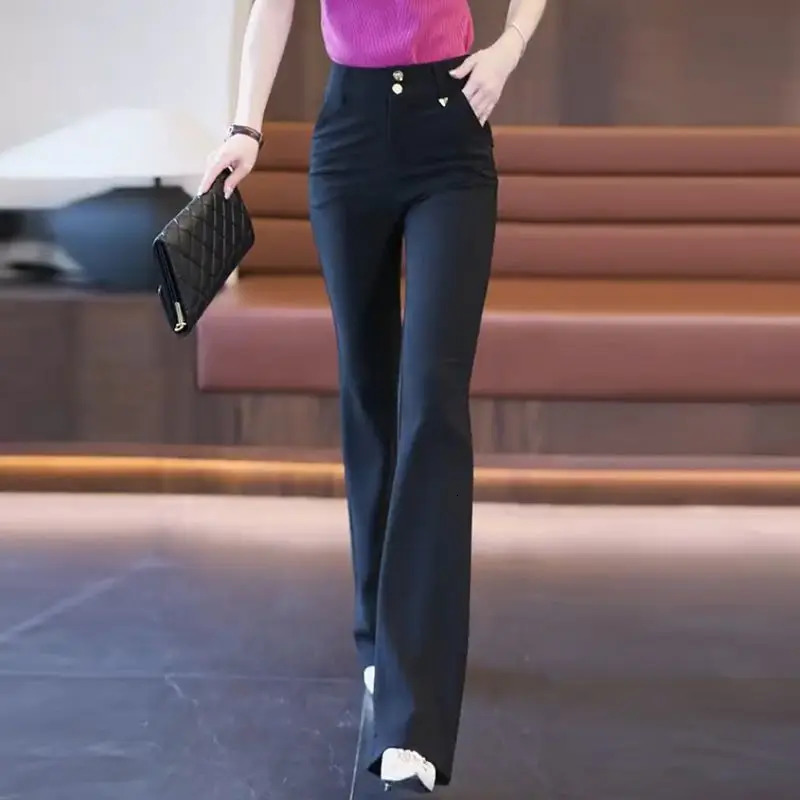 2025 Summer Women Korean Fashion High Waist Elegant Suit Flared Pants Office Lady Business Casual Solid Slim Trousers Pantalones 251219