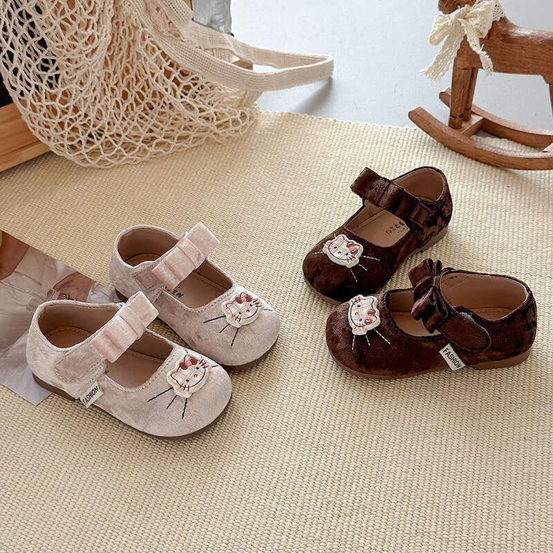 INS French Velvet Small Leather 2025 Spring and Autumn New Korean Style Girls' Soft Sole Cartoon Bow Princess Shoes
