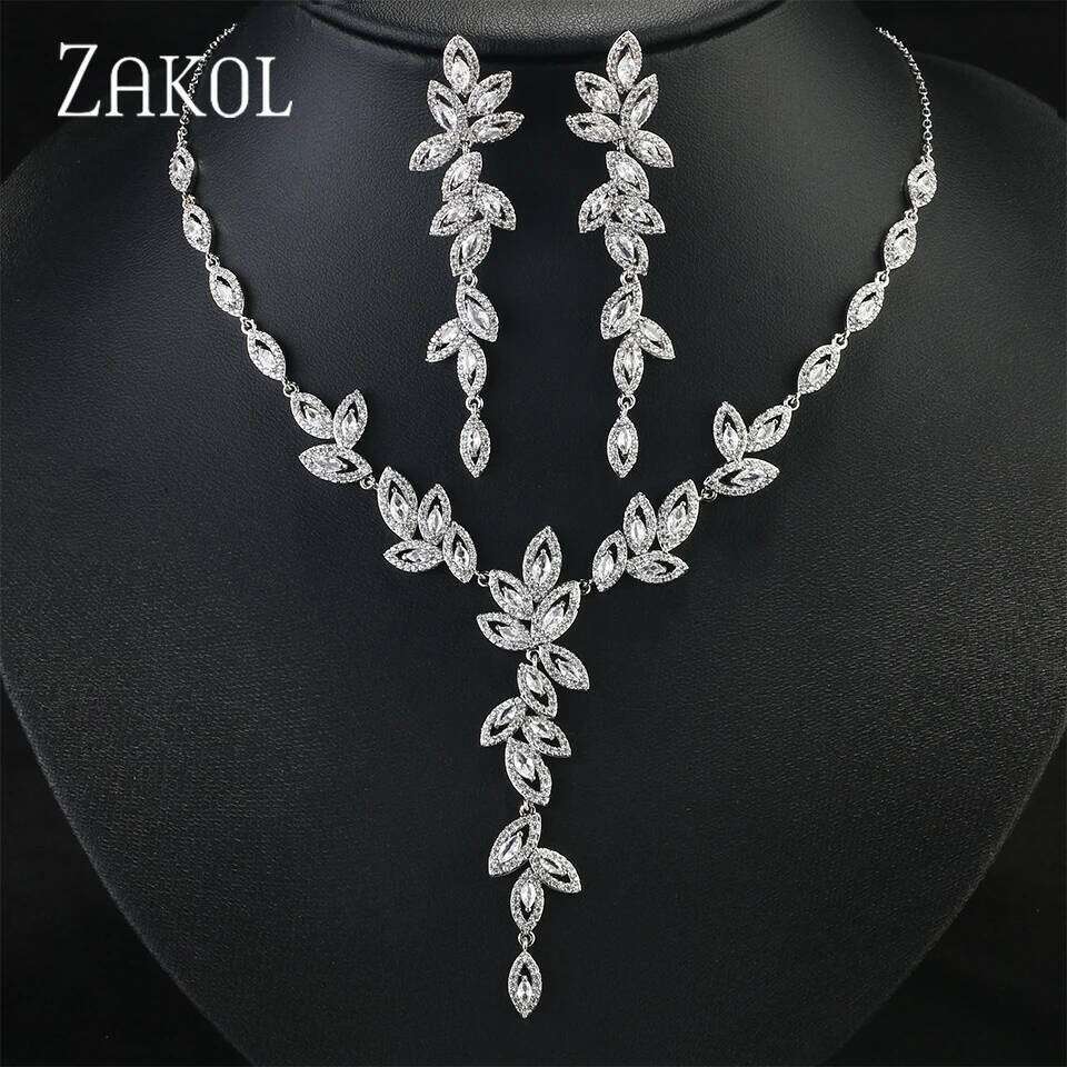 ZAKOL 3 Pcs Luxury Shiny Full Zircon Set for Women Exquisite Gorgeous Earrng/Necklace/Bracelet Versatile Wedding Jewelry