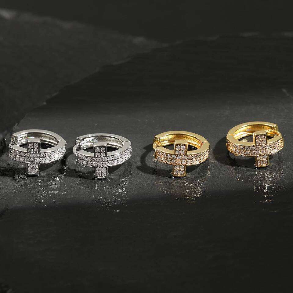 ZAKOL Punk Rock Zircon Cross Small Hoop Earrings New Trendy Tiny Circle Cartilage Ear Buckle Piercing Jewelry for Women Men