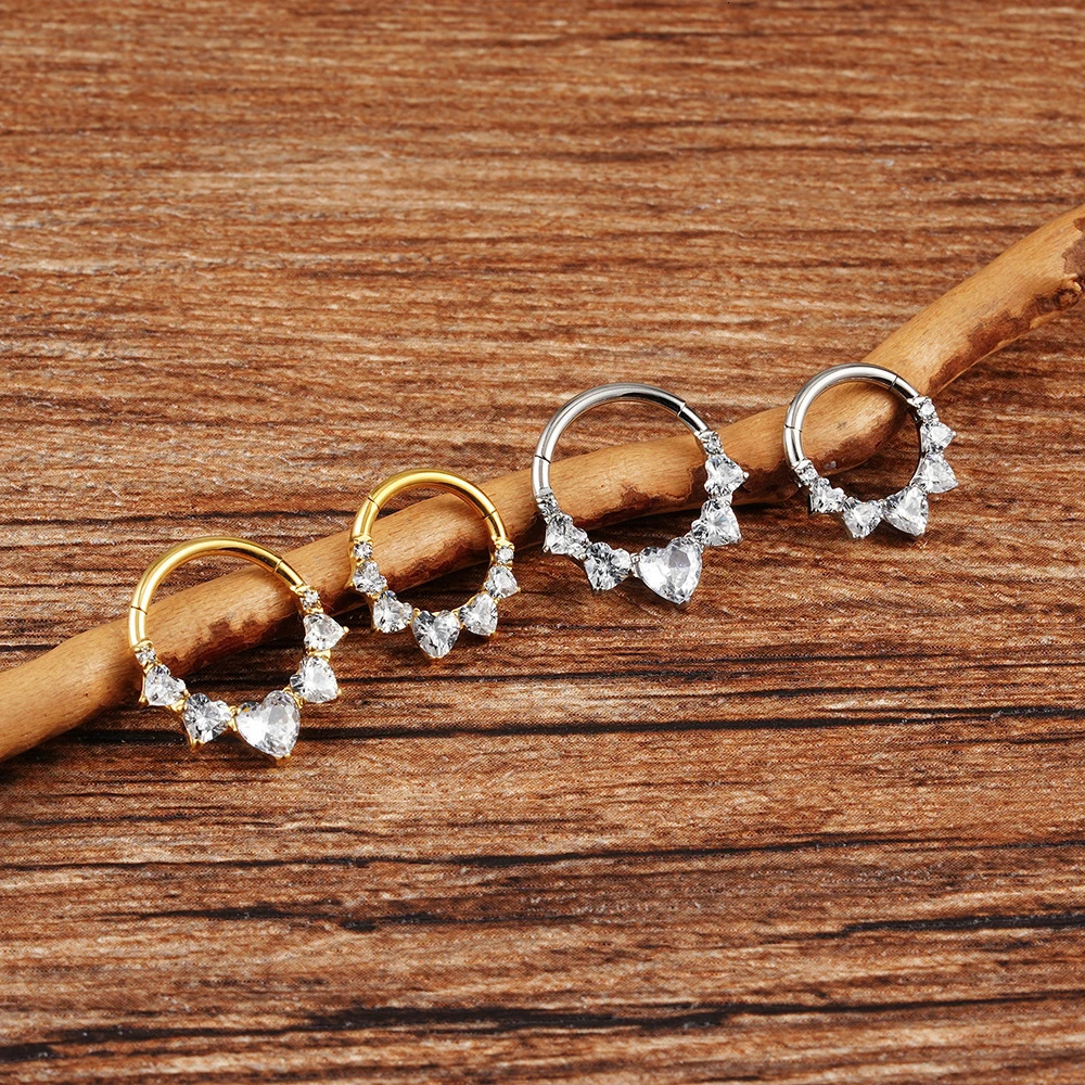 Right Grand ASTM 36 CZ Heart Daith Earring Hoop 16G Hinged Septum Clicker Nose Ring Hypoallergenic Piercing Jewelry 251224
