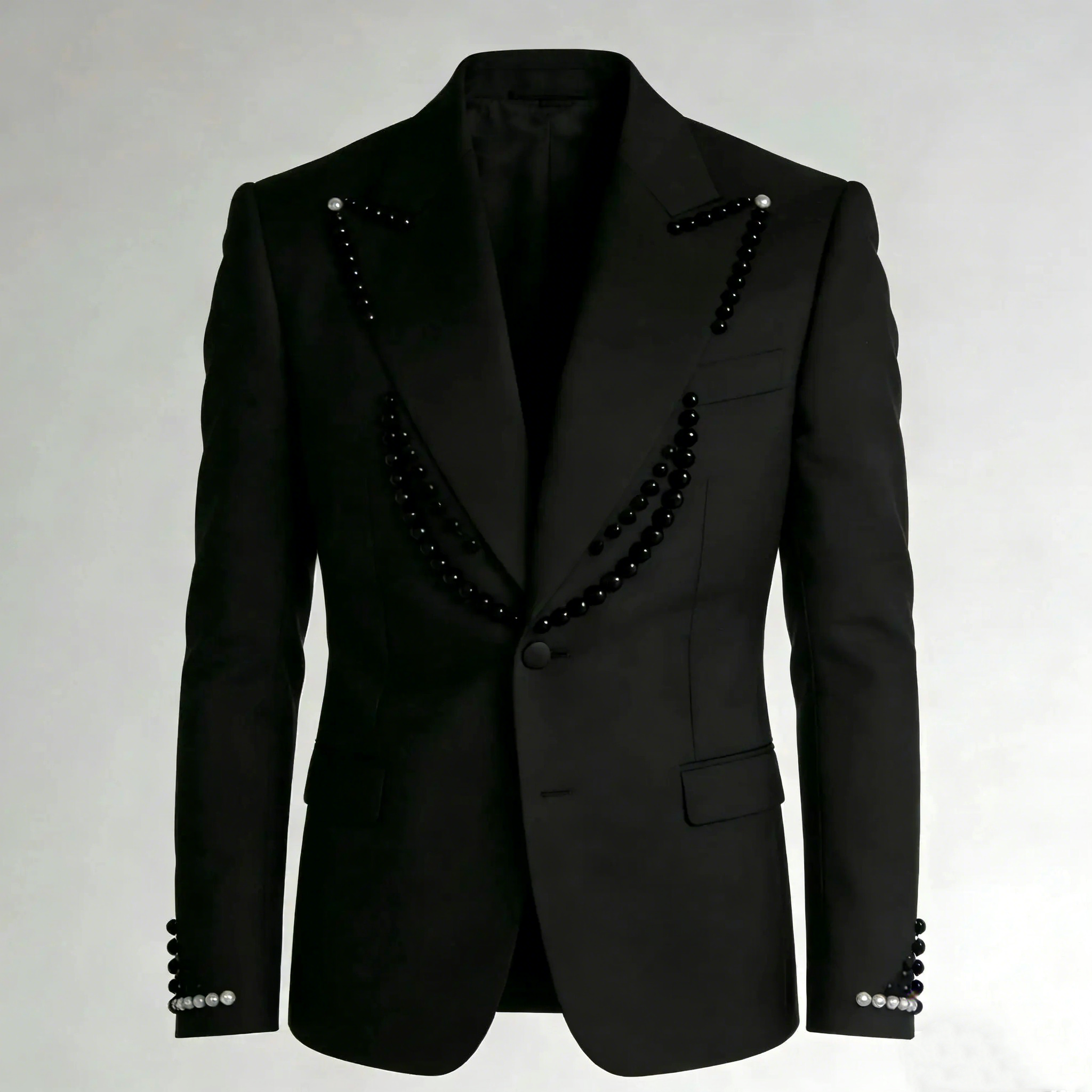 Fashion Men Suits Jacket Tailor-Made 2 Pieces Peaked Lapel Blazer Pearls One Button Groom Customized Coat Black Pants Plus Size