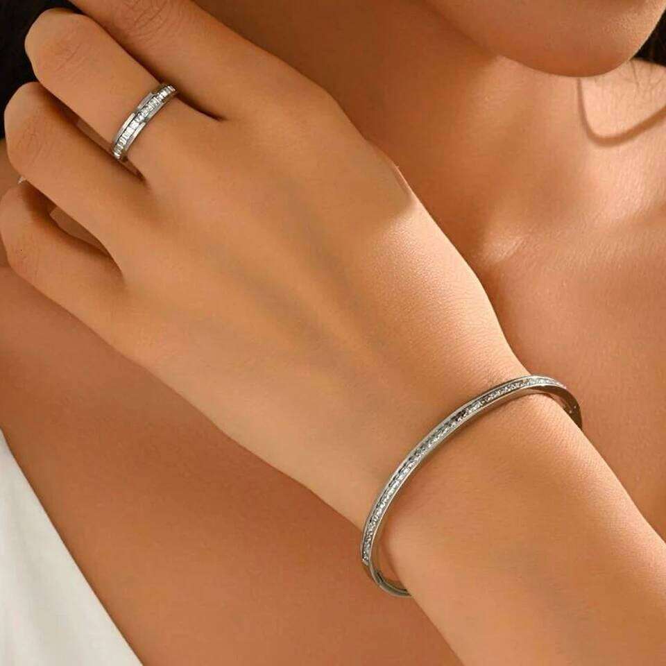 ZAKOL Simple Shiny Zircon Inlaid Stainless Steel Bracelet Ring Set for Women Exquisite Daily Vacation Jewelry