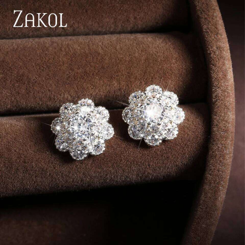 ZAKOL Luxury AAA Zircon Flower Stud Earrings Brilliant Micro Paved CZ Versatile Female Jewelry
