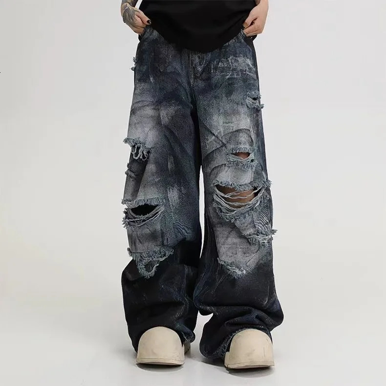 Inkjet Hole Jeans Men Women American Washed Hip-Hop Wide-Leg Gothic Street Straight Pants Z260313