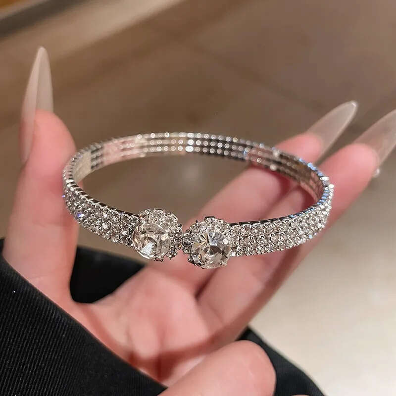 Jewellery Silver Tone Rhinestone Encrusted Bangle with Dual Crystal Accents for Daily Refined Attire Gift for All Occasions Textured Enchanting Access