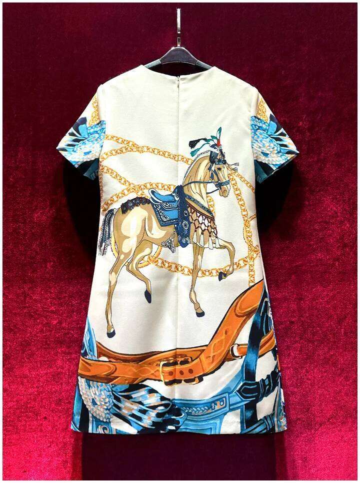 Socialite Vintage Print Short Sleeves A- Line European High-End Round Neck Loose Elegant Women's Dress Summer New