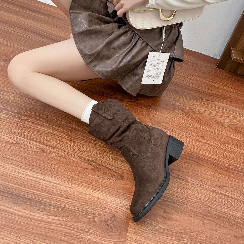 Vintage Internal Height Increase Short Women, Autumn and Winter Slouch Chelsea Slim Boots, Chunky Heel Soft Surface Martin Boots for Women
