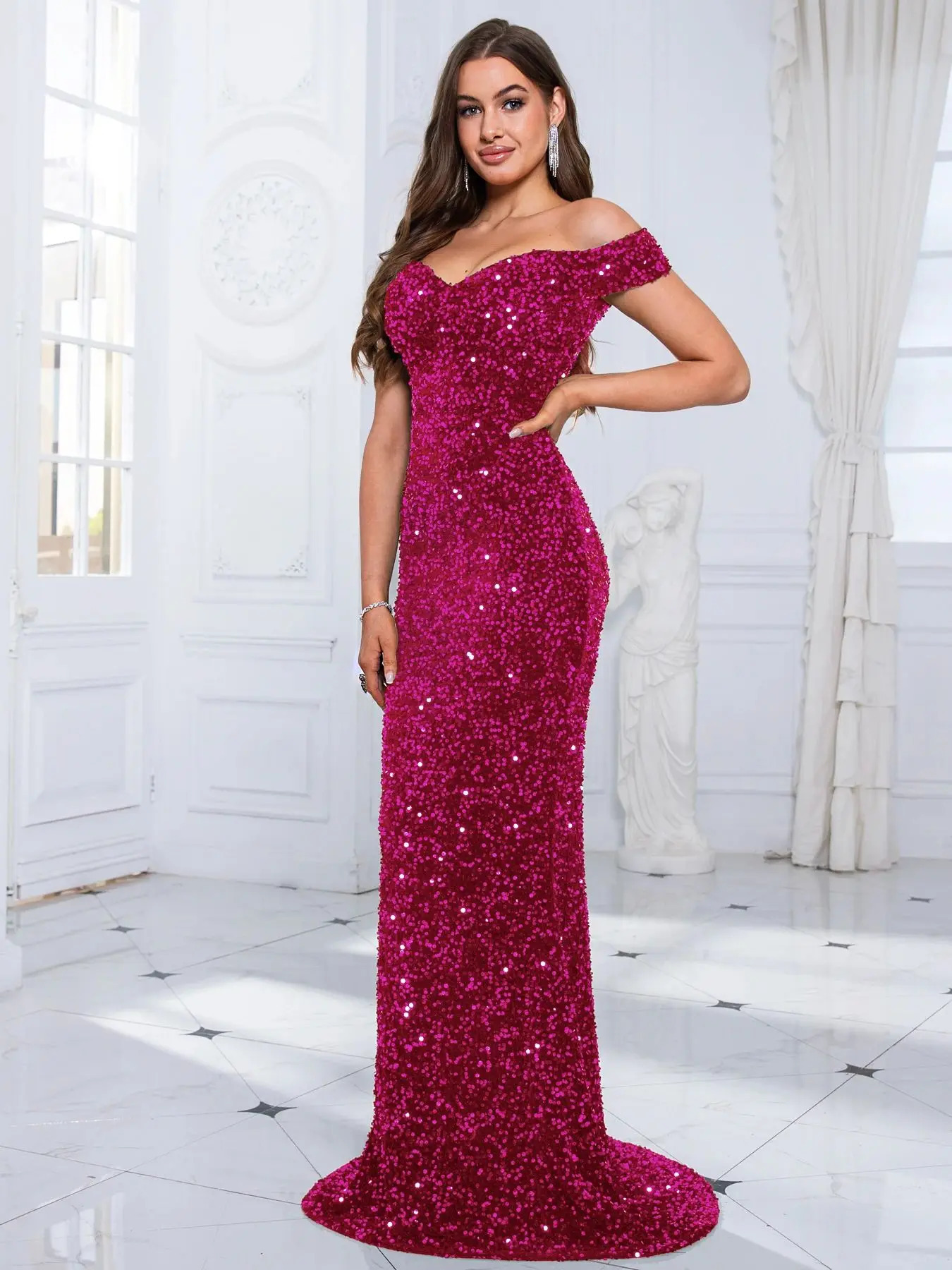 Romagic Off The Shoulder Mermaid Evening Dress Red Stretchy Sequin Velvet Slash Neck Floor Length Women Party Dresses 251219