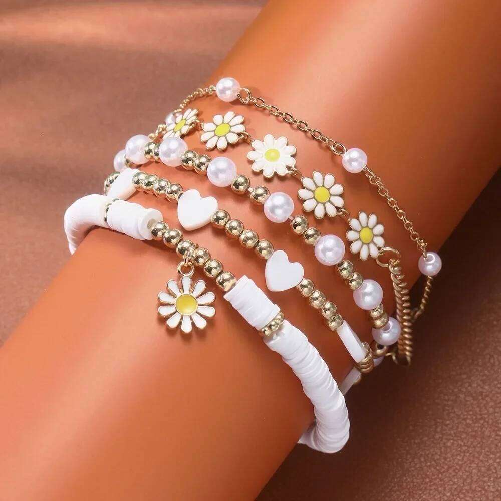 5pcs Charm Daisy Flower Pearl Heart Bracelet for Women Personality Trendy Multilayer Gold Color Zircon Jewelry Set Gift 25H1229