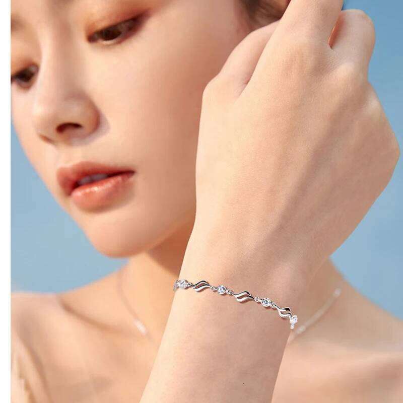 NEW European Fine Sparkling Blue AAA CZ S925 Sterling Silver Wave Bracelet For Women Friend Summer Gift Jewelry 25H1229