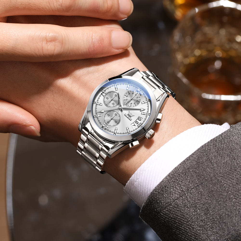 OLEVS Multi functional large dial quartz watch, business waterproof watch three eye calendar designer chronograph watch
