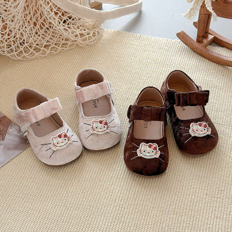 INS French Velvet Small Leather 2025 Spring and Autumn New Korean Style Girls' Soft Sole Cartoon Bow Princess Shoes