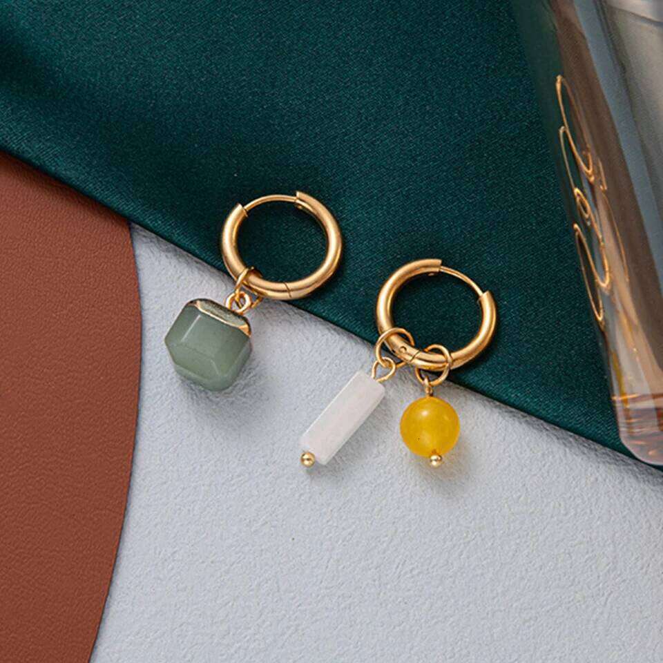 ZAKOL Vintage Natural Stone Agate Drop Simple Crystal Bead Asymmetric Earrings Bohemia Titanium Steel Jewelry for Women
