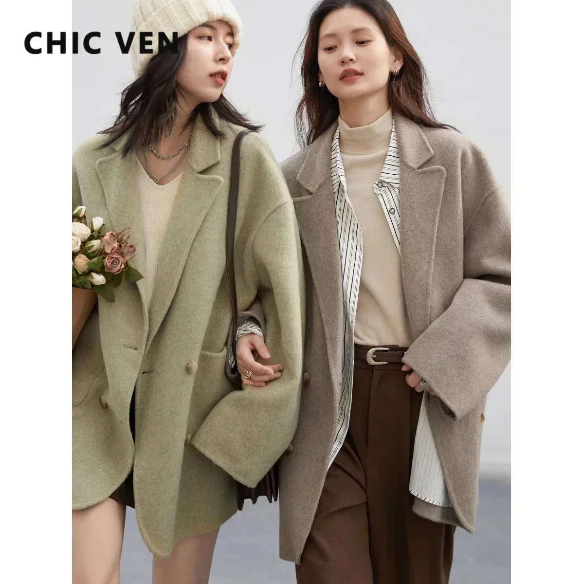 CHIC VEN Womens Woolen Coats Loose Casual Double Breasted Retro Doublesided Jacket Office Lady Outerwear Autumn Winter 2023 251225