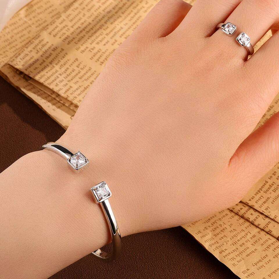 ZAKOL Elegant Shiny Square Zircon Open Ring&Bracelets New Trendy 18K Gold Plated Engagement Wedding Jewelry Two-piece Set