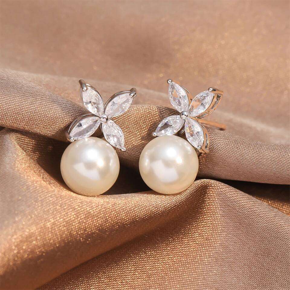 ZAKOL 2 Pcs Simple Marquise Zircon Pearl Stud Earrings Necklace Sets for Women Charm Jewelry Gift Wholesale