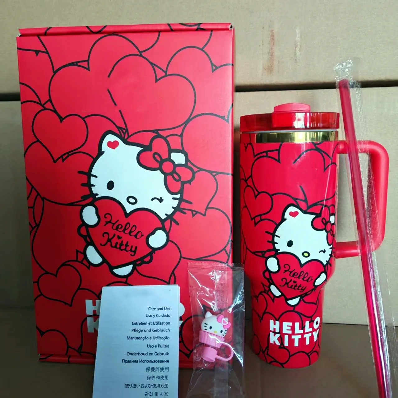 40 OZ Valentine's Day Tumblers Pink Red Heart Cute Kitty Cups Stainless Steel Insulated Travel Car Mugs Large Sports Water Bottles With Straw Topper In Gifts Box