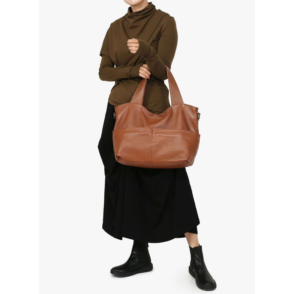 Motingsome Full Grain Cowhide Women Handbag Designer Bags Shoulder Multi Pocket Roomy Casual Tote Holiday Travel Bag LEMON KOKO