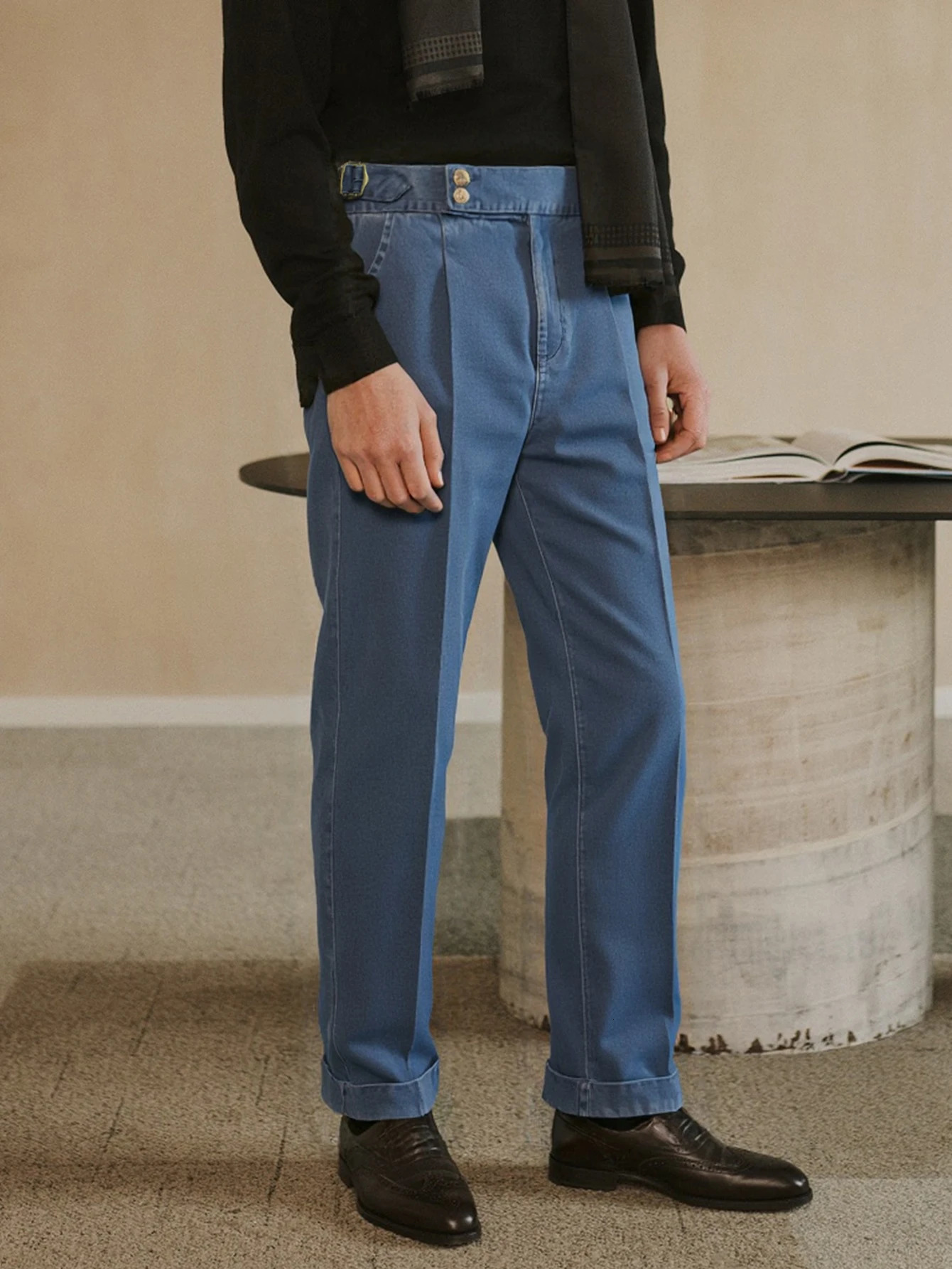 Mens HighWaist Dress Pants Autumn Winter Style Elegant Italian Neapolitan Plain Button Pleated High Waist Jeans Busi 251226