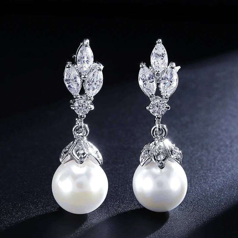 ZAKOL Fashion Sliver Color AAA CZ Pearl Dangle Earrings for Women Shiny Leaf Zircon Bridal Earring Wedding Party Jewelry