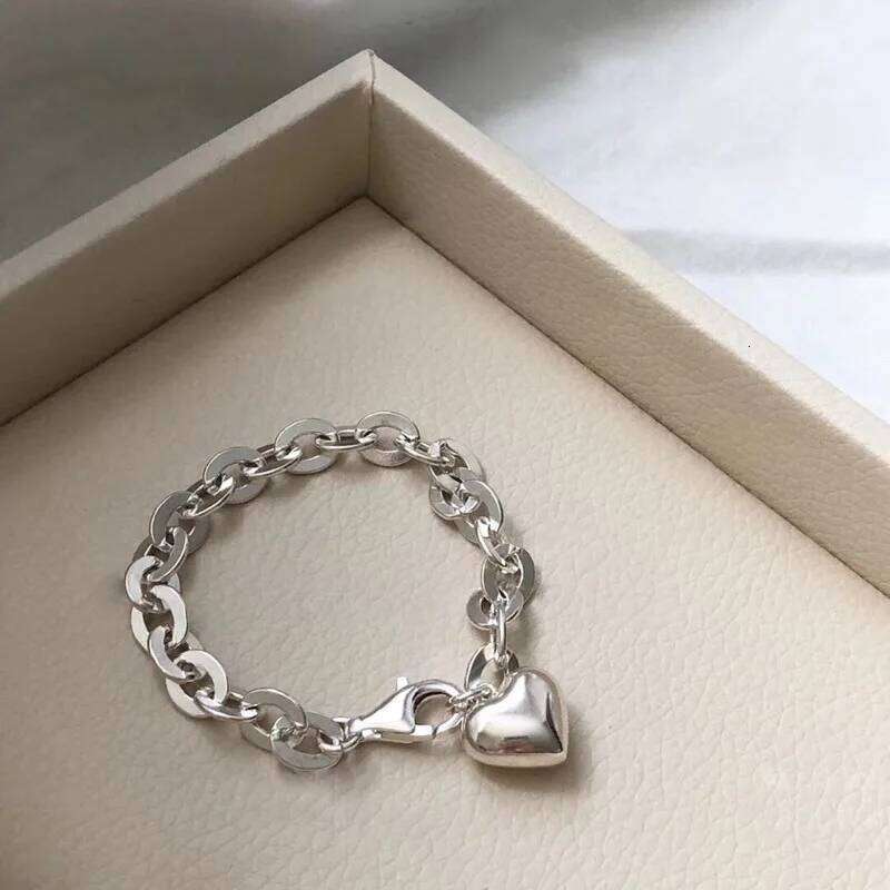 925 Sterling Silver Bracelet Bangle Heart Pendent Geometric Chain Punk For Woman Girl Fashion Jewelry Gift Dropship 25H1229