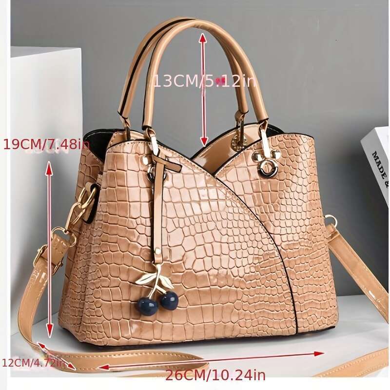 JINXIANGGUO Newest Trendy Women S Faux Crocodile Texture Handbag With Cherry Pendant Stylish Black Red Shoulder And Handbag Zip Closure Polyester Lini