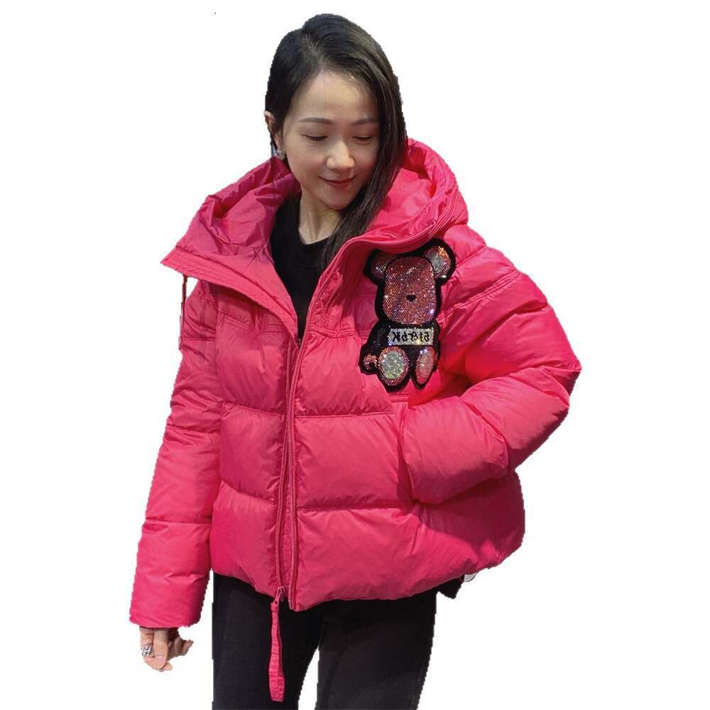 2025 Winter Warm Jacket For Women, Front And Back Heavy Rhinestone, Colorful Short Loose Thickened Hooded Cotton Coat Trend