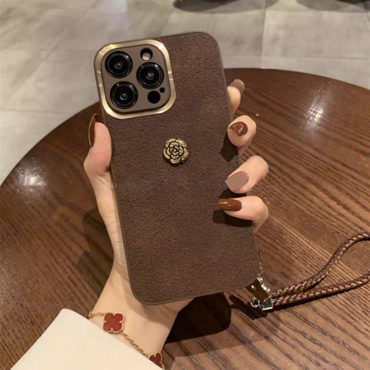 Golden Circle Camellia Compatible Apple Pro Phone Case with Lanyard Simple iPhone 16 Shockproof 13 Protection