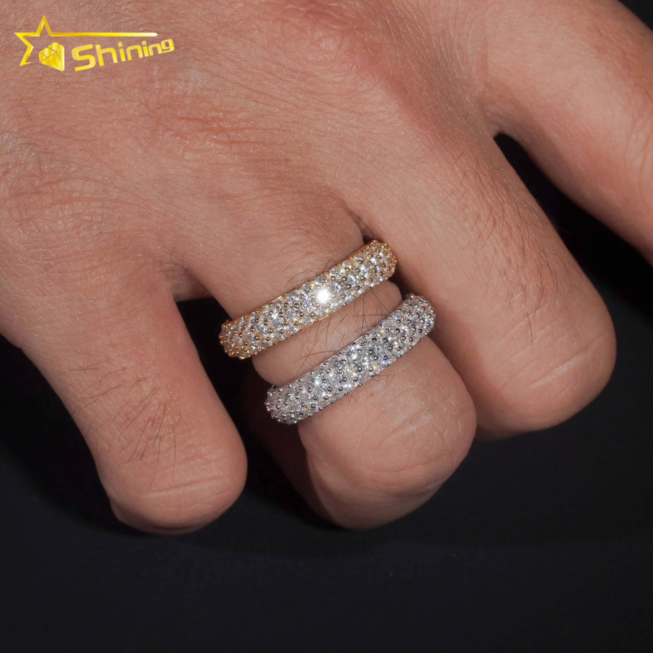 Factory Stock GRA Certified Solid 925 Sterling Silver Gold Plated Fine Jewelry Fully Iced Out 3 Rows Moissanite Band Ring