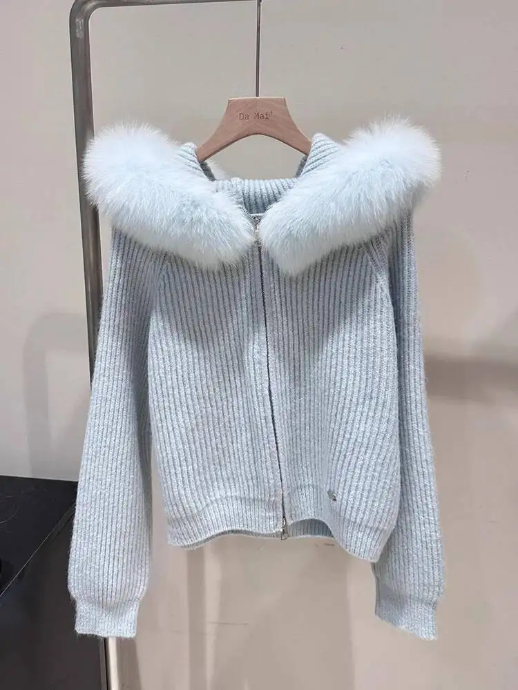 MYMX Large Real Fox Fur Hooded Knitted Cardigan For Women Zipper Long Sleeves Sweater Coat Autumn Winter MX180 251219