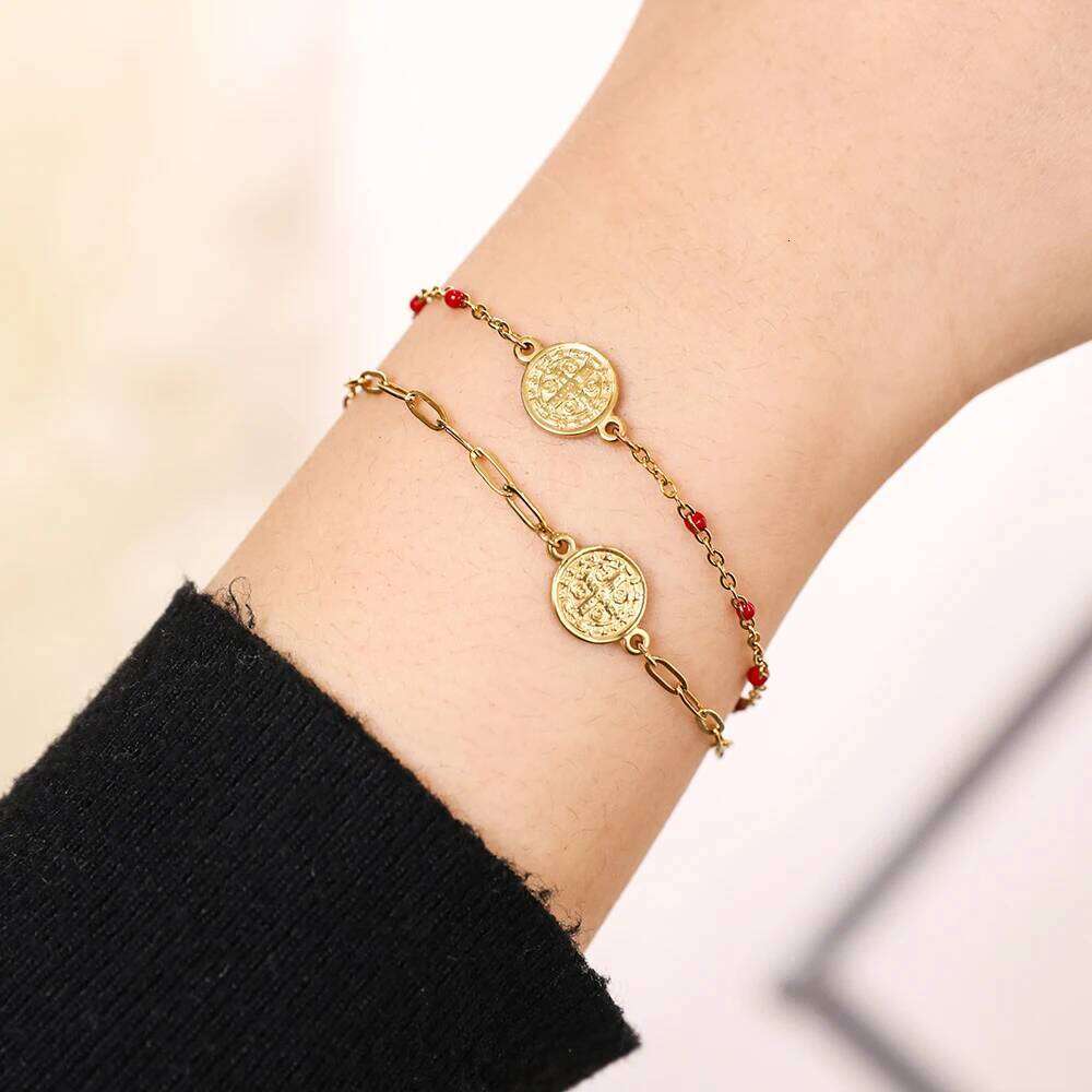 Coin Charm Stainless Steel St Benedict Medal San Benito Adjustable Link Chain Bohemia Bracelet 25H1229