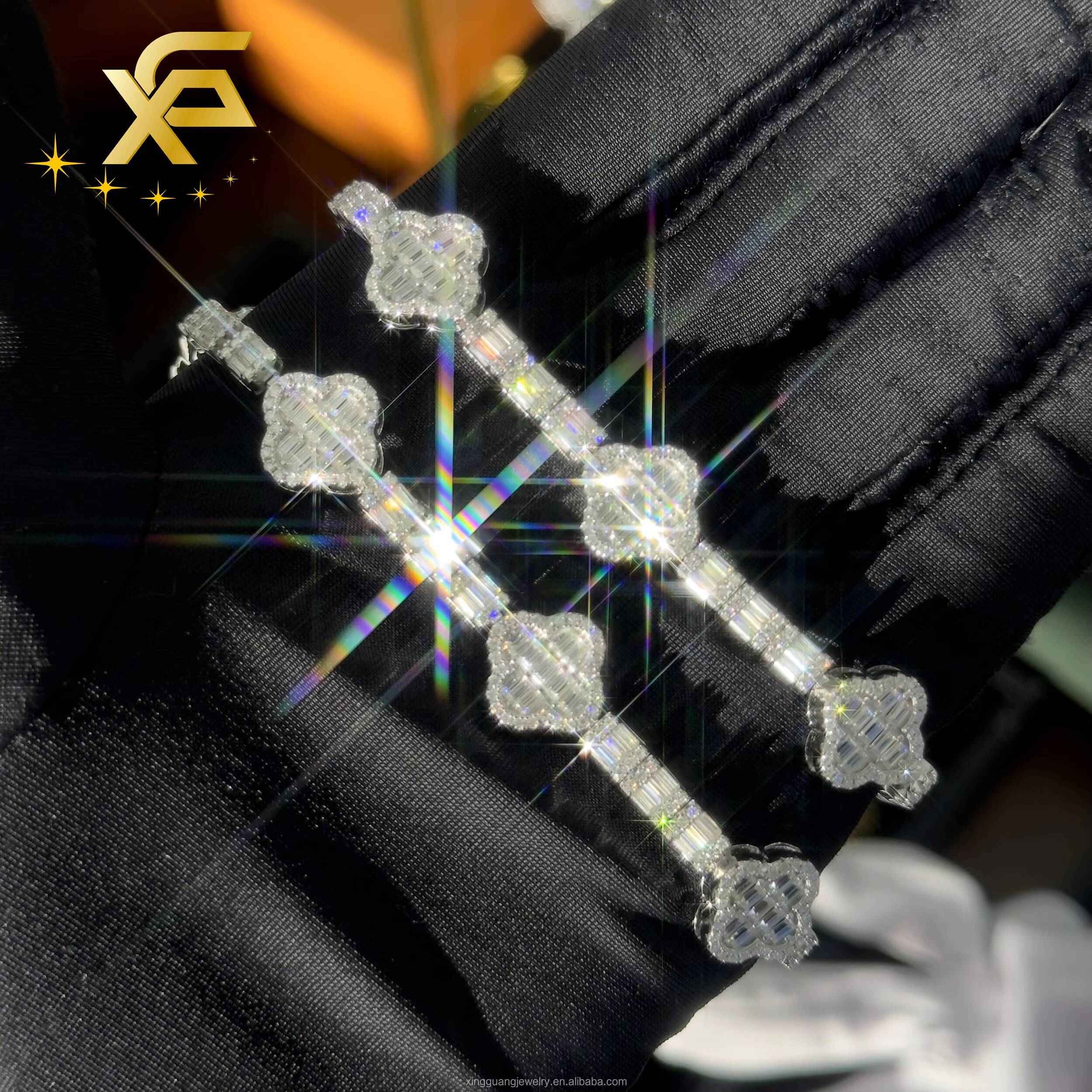 Baguette Clover 925 Sterling Silver Tennis Bracelet Custom Colorful Moissanite Fashion Jewelry for Gifts Parties Weddings