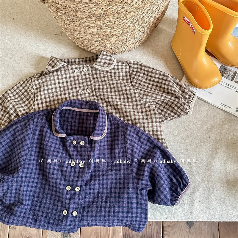 deer jonmi Spring Korean Style Baby Girls Plaid Blouses Peter Pan Collar Bat Sleeve Toddlers Kids Cotton Linen Blouses 251217