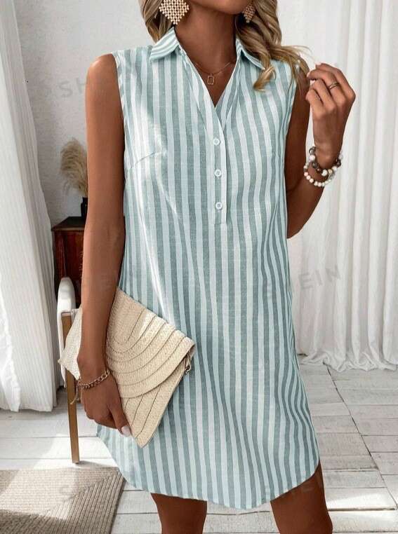 Dress for women Minimalist Sleeveless V-Neck Button Striped Shirt Dress, 2026 European and American Fashion Loose Casual Vacation Outfit