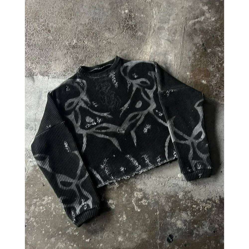 Black Gothic Print Pullover Long Sleeve Knitted Sweater Men and Women Y2k Harajuku Striped Tear High Street Punk Slim Sweaters