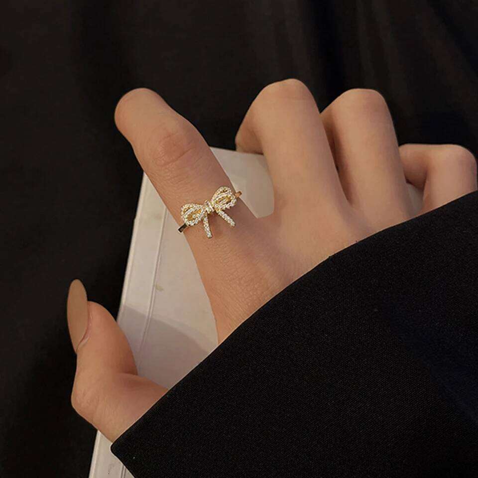 ZAKOL Korean Fashion Crystal Bow For Women Micropaved Zirconia Minimalist Trendy Finger Ring Jewelry