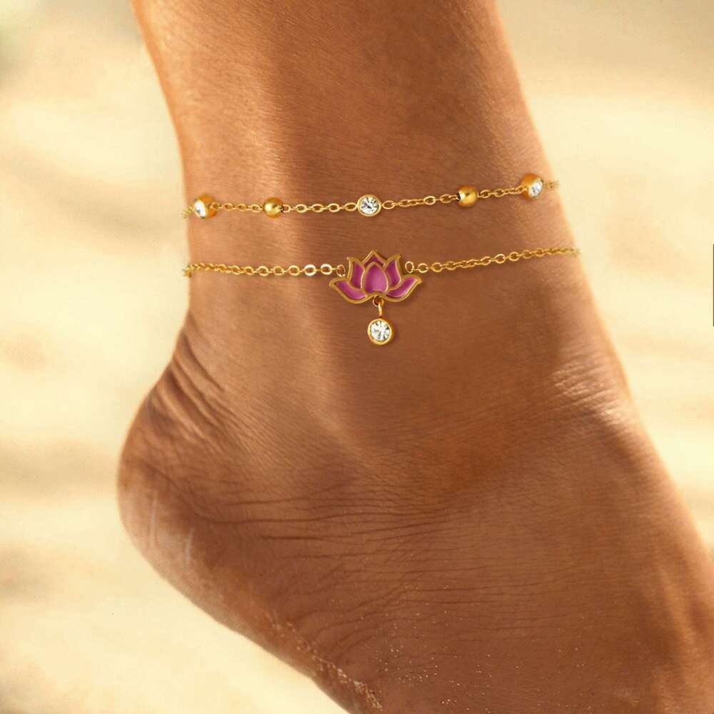 Cross-Border Trade Lotus Zircon Pendant Layered Anklet Fashion Commuter Women Natural Trendy Jewelry Versatile
