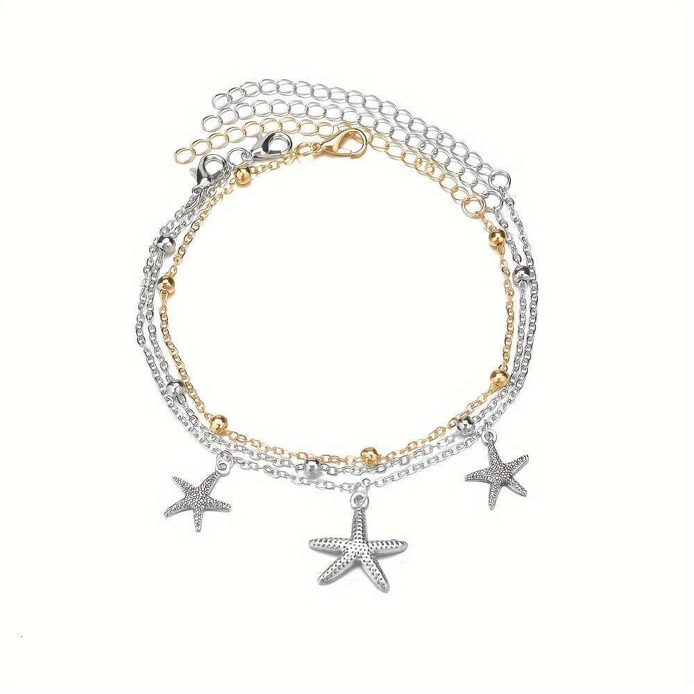 Summer Beach Starfish Pendant Beaded Three-Piece Set Round Bead O-Chain Three-Layer Stacked Fashion Women's Anklet