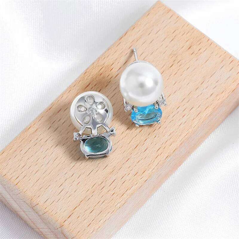 Cute Blue Oval Cubic Zirconia Stud Earrings for Women Simple Small Imitation Pearl Earring Delicate Birthday Jewelry