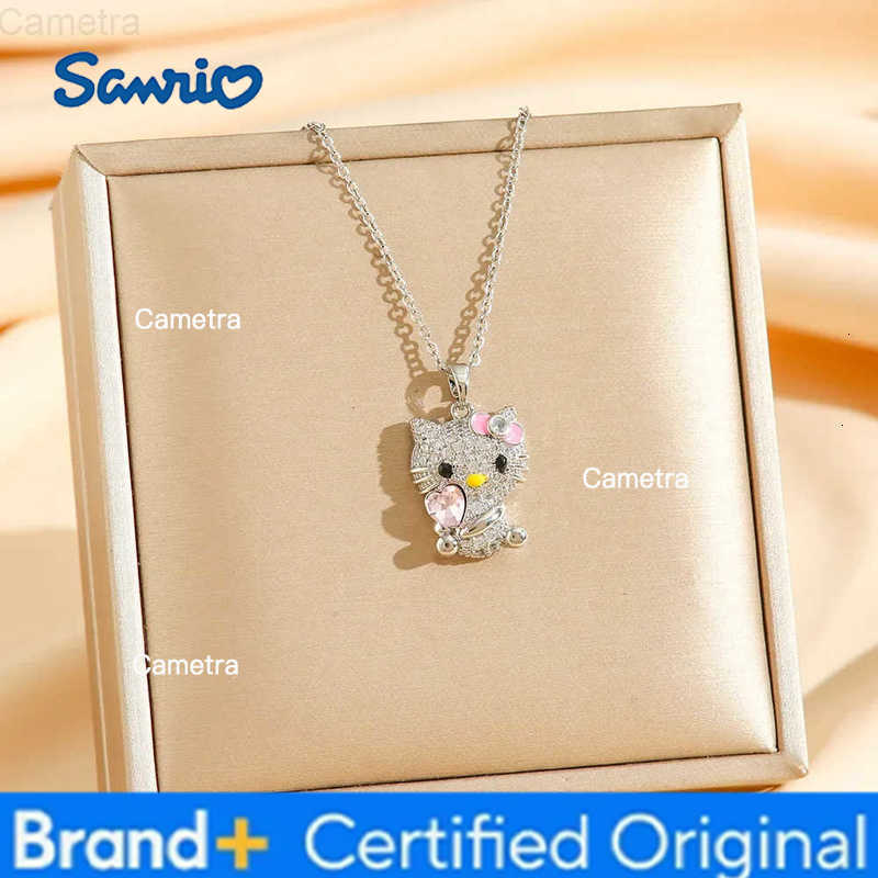 Sanrio Stainless Steel Chain Sweet Pink Heart Zircon Hello Kitty Pendant Necklaces for Women Girl Jewelry Accessories Daily Gift H251229